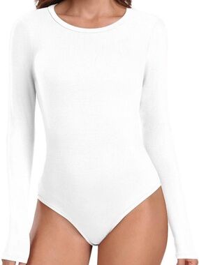 Women's White Long-Sleeve Crewneck Bodysuit Sweater, bodysuit (L)